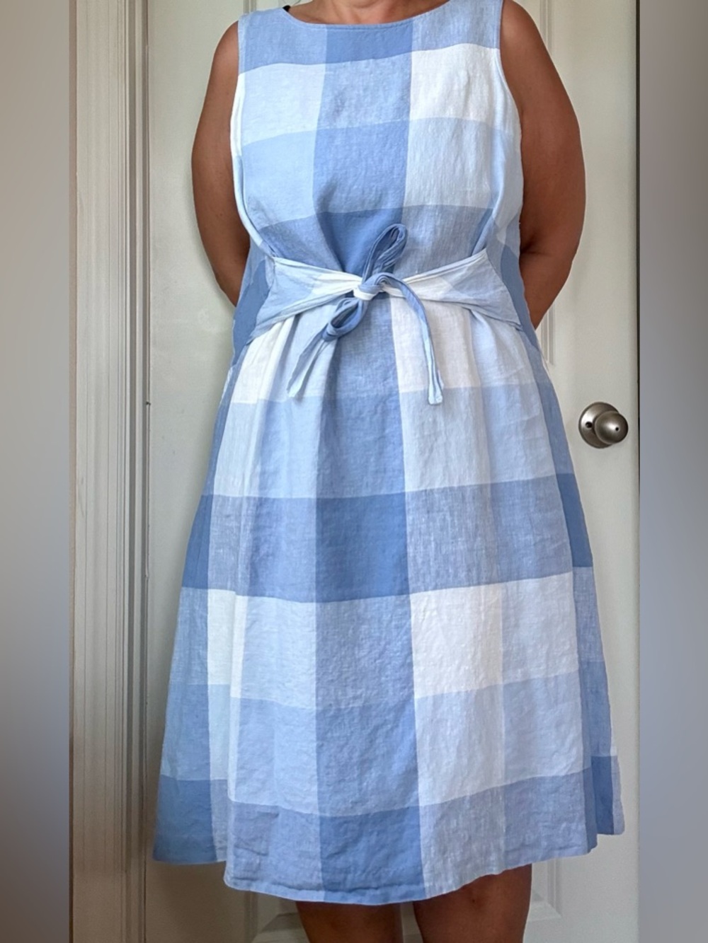 J. Jill Blue and White Gingham Tie-Waist Linen Dress